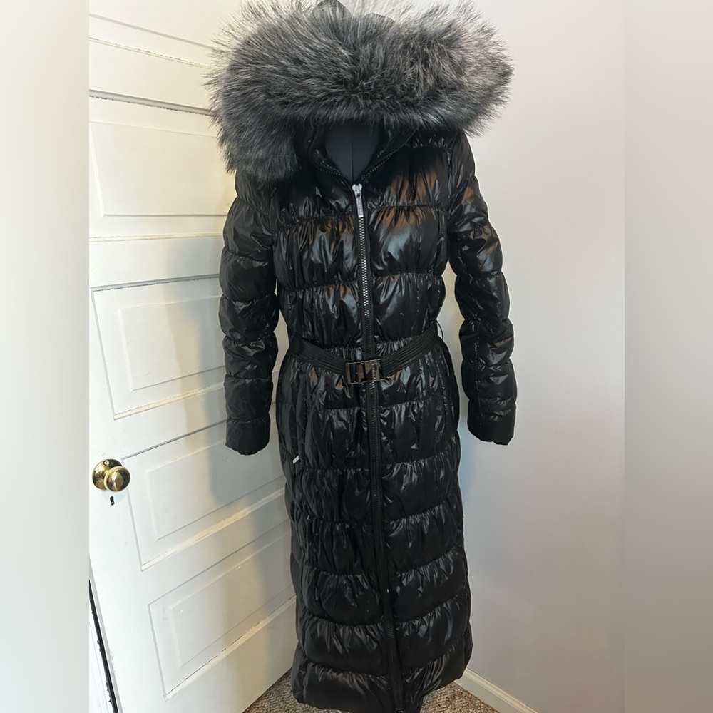 Michael Kors shiny long black puffer with belt